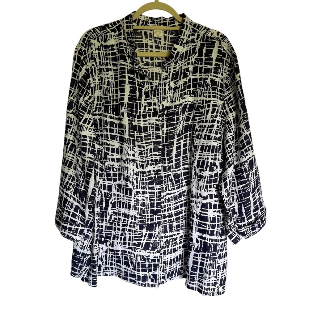 Tweeds Navy White Abstract Print 100% Linen Button Down Blouse Plus Size 3X‎